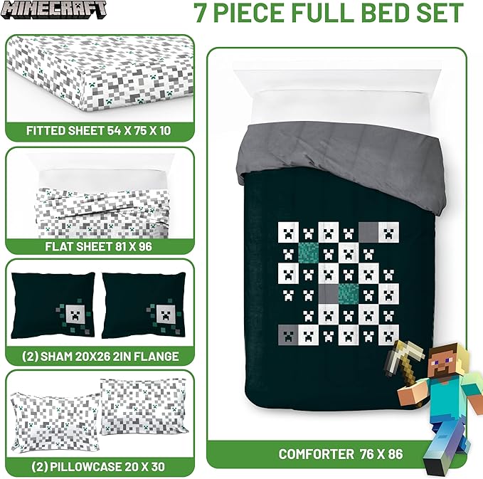 Minecraft Creeper Full Comforter Set - 7 Piece Gamer Bedding includes Sheet Set & Pillow Covers - Super Soft Checkered Kids Bedding - LeafyLoom