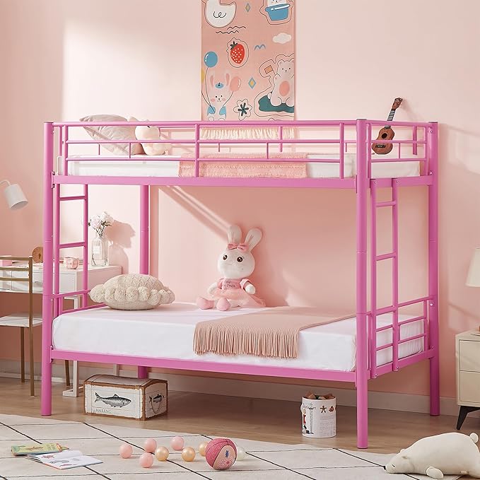 VECELO Metal Bunk Bed Twin Over Twin, Industrial Bunkbeds with Ladder and Full-Length Guardrail, Noise Free, No Boxing Spring Needed, Pink - LeafyLoom