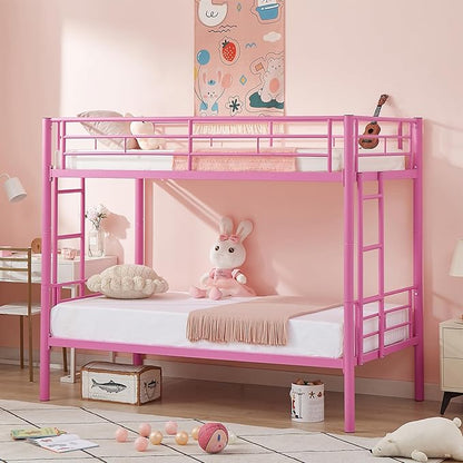 VECELO Metal Bunk Bed Twin Over Twin, Industrial Bunkbeds with Ladder and Full-Length Guardrail, Noise Free, No Boxing Spring Needed, Pink - LeafyLoom