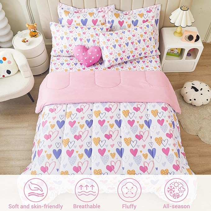 Mooreeke Full Size Comforter Sets for Girls Kids, 8 Pieces Bed in a Bag Pink Heart Bedding Comforter Sheet Set with Shams and Decorative Toy Pillow, Ultral Soft Microfiber Kids Bed Set - LeafyLoom