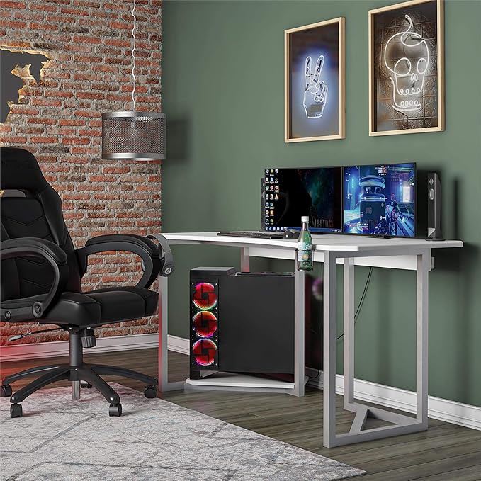 Quest Gaming Desk with CPU Stand, White - LeafyLoom