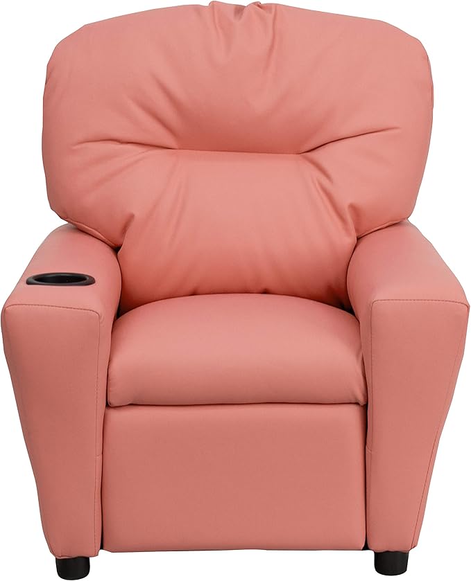 Flash Furniture Chandler Vinyl Kids Recliner with Cup Holder and Safety Recline, Contemporary Reclining Chair for Kids, Supports up to 90 lbs., Pink - LeafyLoom