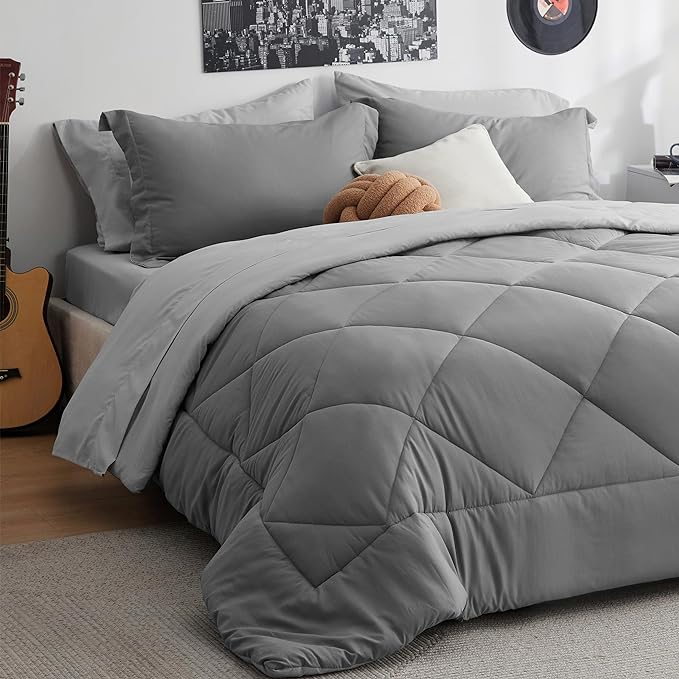 Bedsure Queen Comforter Set - 7 Pieces Reversible Comforters Queen Size Bed Set Bed in a Bag with Comforter, Sheets, Pillowcases & Shams, Grey Bedding Sets - LeafyLoom