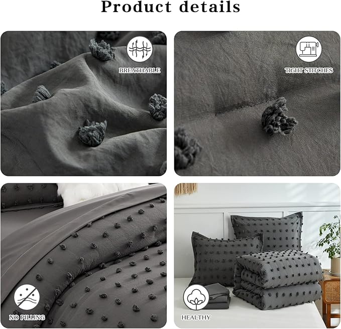 7 Pieces Tufted Dots Bed in a Bag King Comforter Set with Sheets Grey , Soft and Embroidery Shabby Chic Boho Comforters, Solid Color with Pom Pom Design, Jacquard Tufts Bedding Set for All Season - LeafyLoom