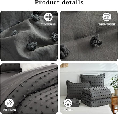 7 Pieces Tufted Dots Bed in a Bag Queen Comforter Set with Sheets Grey , Soft and Embroidery Shabby Chic Boho Comforters, Solid Color with Pom Pom Design, Jacquard Tufts Bedding Set for All Season - LeafyLoom