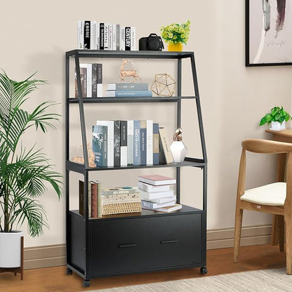 2 Drawer Lateral File Cabinet with Bookshelf, Industrial 4-Tier Filing Cabinet Printer Stand with Wheels, Ladder Shelf Stand with Open Storage for Home Office,Black - LeafyLoom