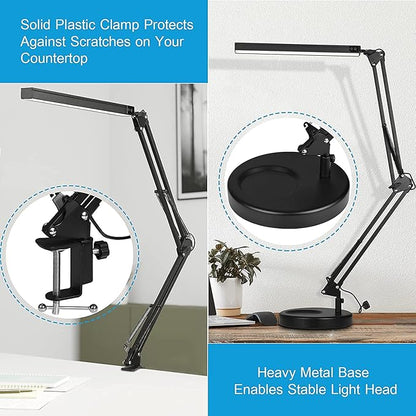 LED Desk Lamp with Clamp and Round Base,Eye Caring Table Lamp with Swing Arm,3 Color Modes 10 Brightness Levels,Memory Function, Desk Light for Home Office with USB Adapter Black-14W - LeafyLoom