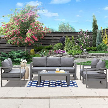 Wisteria Lane Aluminum Outdoor Patio Furniture Set, Modern Patio Conversation Sets, Outdoor Sectional Metal Sofa with 5 Inch Cushion and Coffee Table for Balcony, Garden, Dark Grey - LeafyLoom