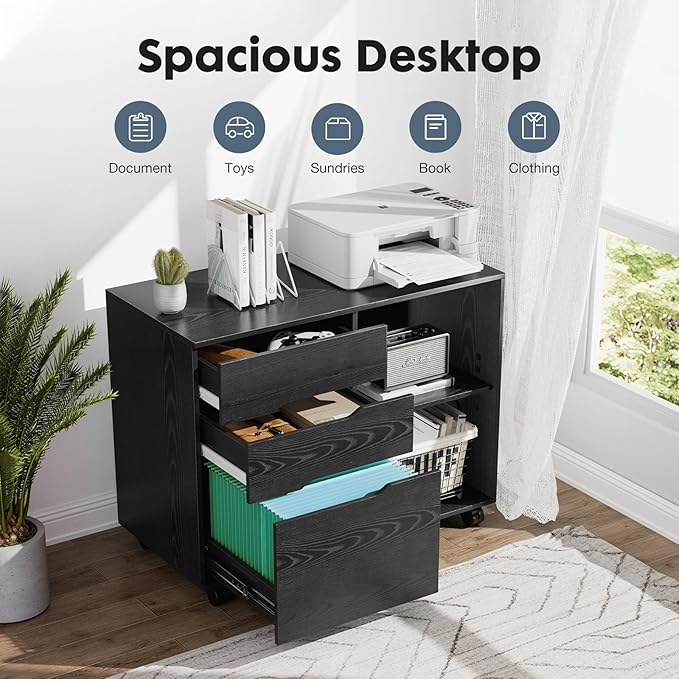 DUMOS Lateral File Cabinet with 3 Drawers Rolling Wooden Printer Stand Under Desk Storage Organizer with 4 Wheels Adjustable Shelf for Office Home, Black - LeafyLoom