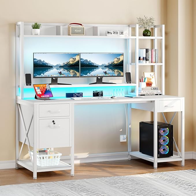 YITAHOME Computer Desk with Drawers & Hutch, 59.1" Office Desk with LED Lights & Power Outlets, Gaming Desk with Monitor Stand & Storage Shelves, White - LeafyLoom