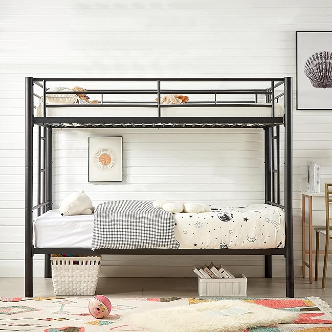 VECELO Metal Bunk Bed Twin Over Twin, Industrial Bunkbeds with Ladder and Full-Length Guardrail, Noise Free, No Boxing Spring Needed, Black - LeafyLoom