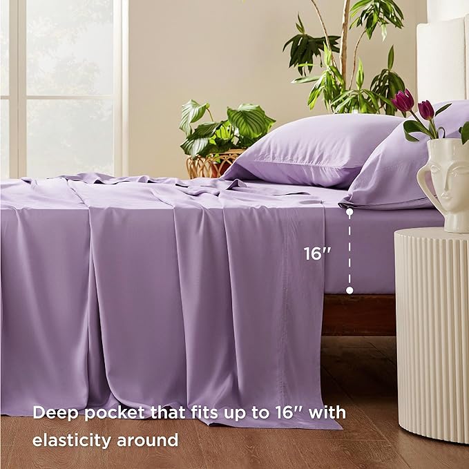 Bedsure Full Size Sheets, Cooling Sheets Full, Rayon Derived from Bamboo, Deep Pocket Up to 16", Breathable & Soft Bed Sheets, Hotel Luxury Silky Bedding Sheets & Pillowcases, Lilac - LeafyLoom