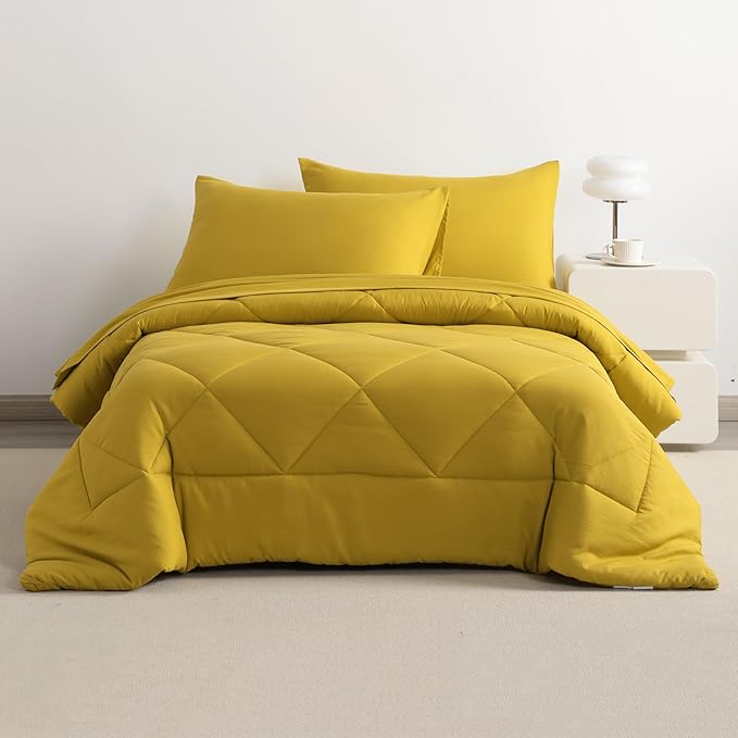 NTBAY Twin Comforter Set with Sheets, 5 Pieces Soft and Breathable Twin Bedding Set, Twin Bed in a Bag, Down Alternative Comforter Set Solid Color All Season, Kids Bedding Set, Yellow - LeafyLoom