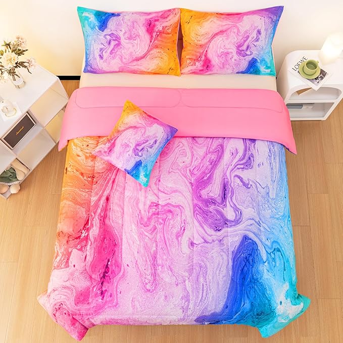 4 Pcs Tie Dye Twin Comforter Set for Girls, Watercolor Marble Abstract Art Superior Kids Bedding Sets Twin Size, Pink Purple Blue Colorful Teenage Girls Comforter Sets - LeafyLoom