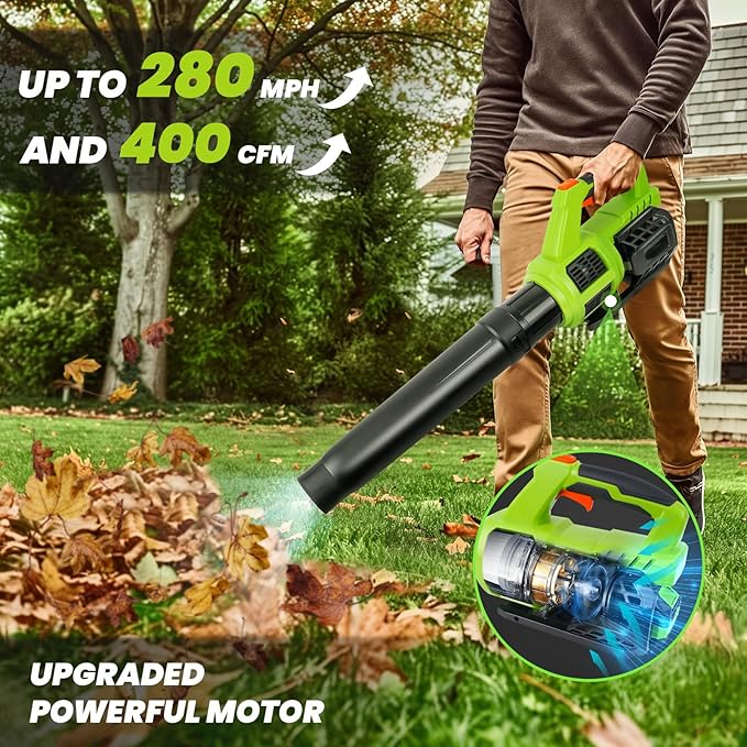 HARDELL Cordless Leaf Blower, 20V Electric Leaf Blower with 4.0Ah Battery and Charger, 280MPH/400CFM High Speed Leaf Blowers for Lawn Care, Blowing Leaves, Dust and Snow - LeafyLoom