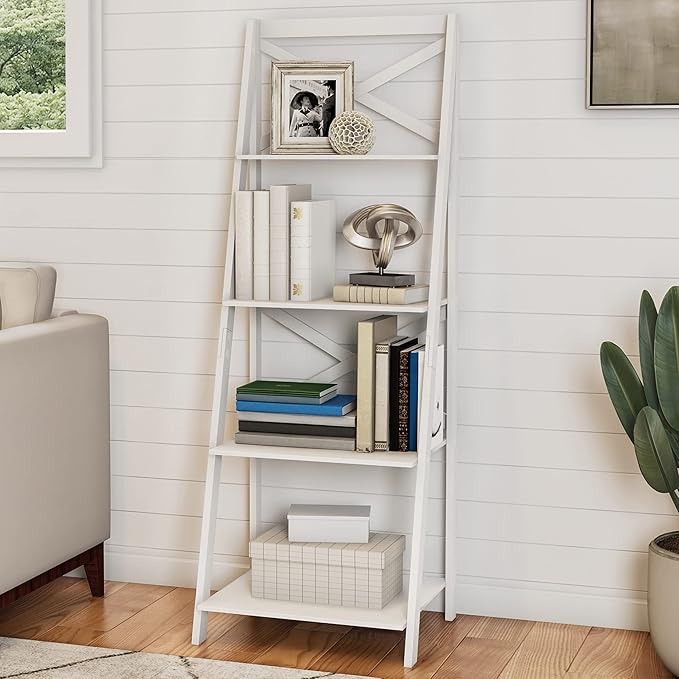 Lavish Home 4-Tier Ladder Bookshelf - Freestanding Shelved Bookcase with X-Back Frame and Leaning Look - Display Shelves for Home or Office (White) - LeafyLoom