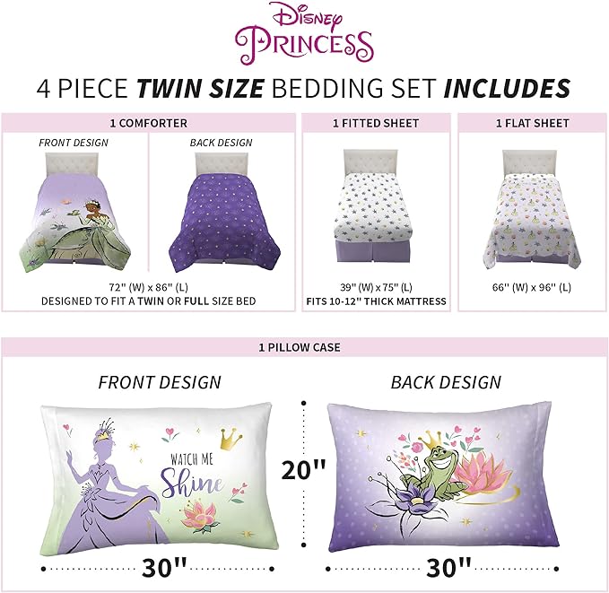 Disney Princess Tiana Kids Bedding Super Soft Microfiber Comforter And Sheet Set, 4 Piece Twin Size, "Official" Disney Product By Franco - LeafyLoom