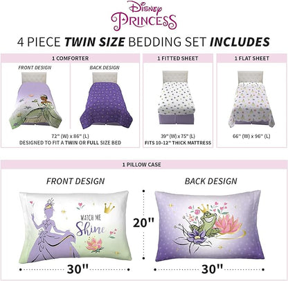 Disney Princess Tiana Kids Bedding Super Soft Microfiber Comforter And Sheet Set, 4 Piece Twin Size, "Official" Disney Product By Franco - LeafyLoom