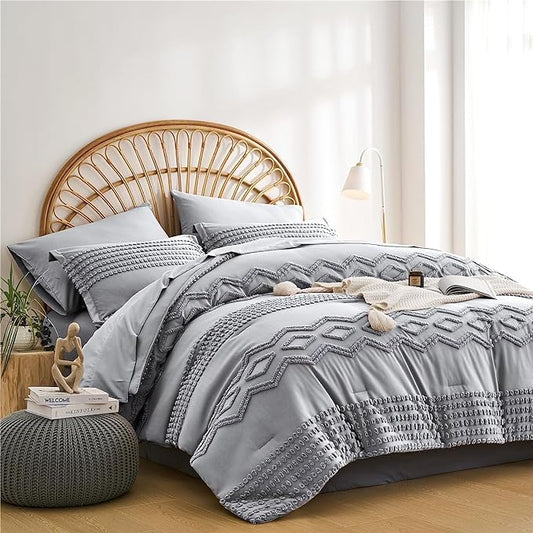 KAKIJUMN Grey Tufted Comforter Set Full Size 7 Piece Bed in a Bag, Shabby Chic Boho Comforter and Sheet Set, Pom Pom Textured Bed Set, All Season Soft Microfiber Complete Bedding Set(Grey,Full) - LeafyLoom