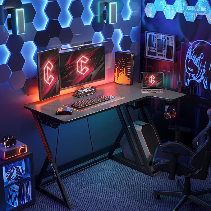 CubiCubi Aurora Gaming Desk with Carbon Fiber Surface, 40 Inch L Shaped Desk with Storage Shelves, Small Corner Computer Desk with Monitor Shelf, Gamer Desk PC Table, Black - LeafyLoom