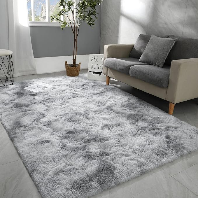 8x10 Large Area Rugs for Living Room, Super Soft Fluffy Modern Bedroom Rug, Tie-Dyed Light Grey Indoor Shag Fuzzy Carpets for Girls Kids Nursery Home Decor - LeafyLoom