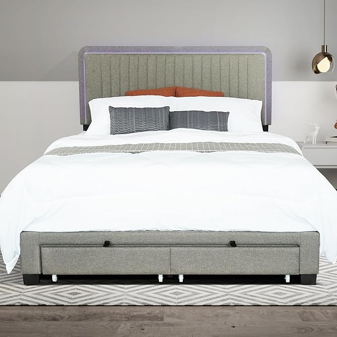 Queen Size Linen Fabric Upholstered Platform Bed with Adjustable LED Headboard and Footboard Drawers,Rubberwood Bed-frame for Bedroom,Guest room,Apartment,No Box Spring Require,Stone Gray - LeafyLoom