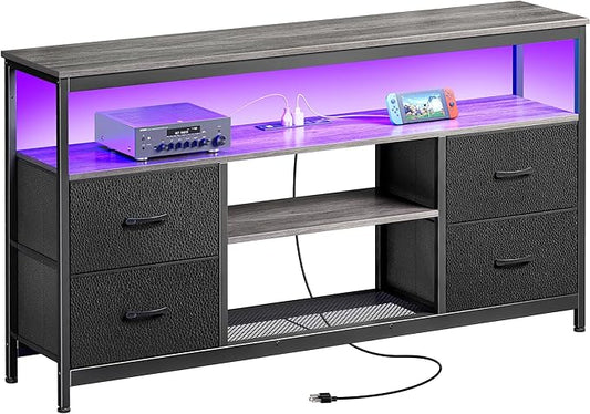 TV Stand Dresser with Power Outlets and LED Lights, 4 Drawers Entertainment Center with Shelves, 54in Media Console for 55 60 Inch TV, Dresser with PU Finish, Grey and Black - LeafyLoom