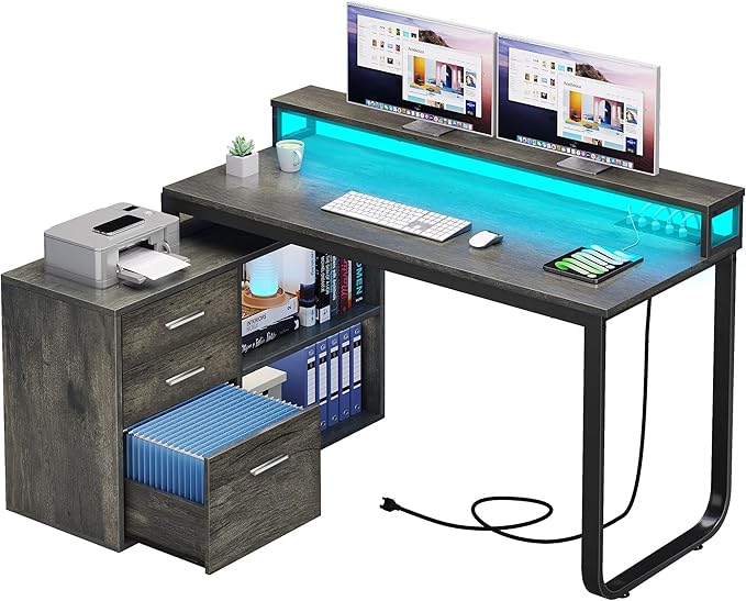 YITAHOME L Shaped Desk with Power Outlets & LED Lights & File Cabinet, 55" Corner Computer Desk with 3 Drawers and 2 Storage Shelves, Home Office Desk with Monitor Stand, Grey - LeafyLoom