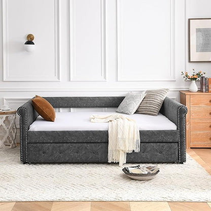 Upholstered Full Size Daybed with Twin Trundle, Solid Wood Sofa Bed Frame w/Button Tufted and Copper Nail on Square Arms, for Bedroom, Guest Room, No Spring Box Need, Grey - LeafyLoom