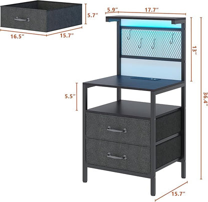 Tall Nightstand with Charging Station and LED Lights, Night Stand with Fabric Drawers, Bedside Table 36.4 Inch with Storage Shelves, Side Table, Mesh Shelves with Metal Hooks, Black - LeafyLoom