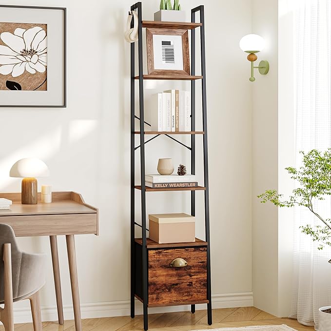 Narrow Bookshelf Bookcase with Drawer, Ladder Shelf with 2 Hooks, Bookshelves Storage Organizer, Freestanding Display Standing for Home Office, Bedroom, 6 Tier Rustic Brown BC19601B - LeafyLoom