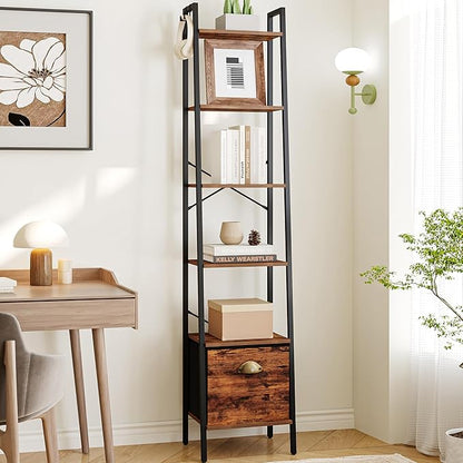 Narrow Bookshelf Bookcase with Drawer, Ladder Shelf with 2 Hooks, Bookshelves Storage Organizer, Freestanding Display Standing for Home Office, Bedroom, 6 Tier Rustic Brown BC19601B - LeafyLoom