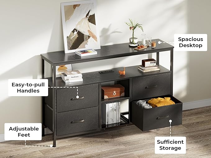 TV Stand Dresser with Power Outlets and LED Lights, 4 Drawers Entertainment Center with Open Shelf, Media Console for 50 43 Inch TV, Dresser with PU Finish, Black - LeafyLoom