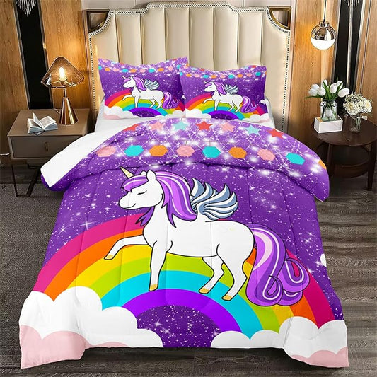 Unicorn Girls Full Size Bedding Sets Cartoon Unicorn Comforter Kids Bedding Set Cute Rainbow Unicorn Print Full Size Bedding Unicorn Kawaii Comforter Set, Purple, 1 Comforter+2 Pillowcases - LeafyLoom