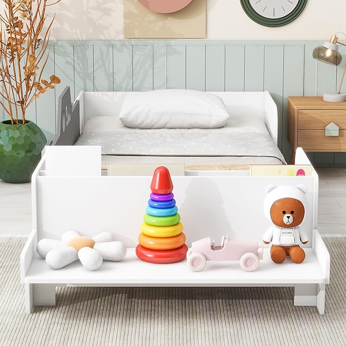 Car-Shaped Twin Bed with Bench,Wood Platform Bedframe W/Book Storage Groove & Safety Guardrail,Minimalistic Design,Easy Assembly,Toy Car Bedroom Furniture for Boys Kids Toddlers Child,White - LeafyLoom