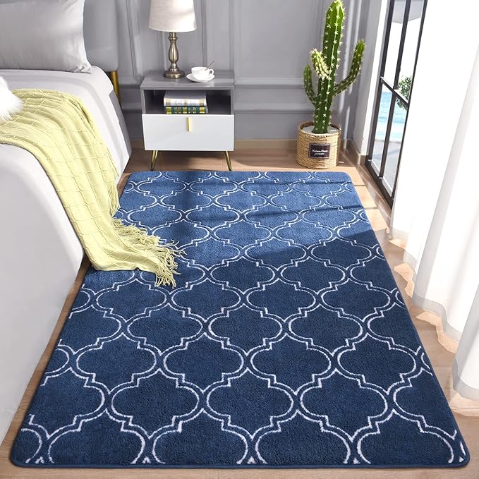 Chicrug Shag Geometric Modern Area Rug for Bedroom, 3x5 Feet Memory Foam Indoor Carpet, Fluffy Rug for Living Room Bedside Room Decor for Family Girls Kids Nursery Play Mat, Navy/White - LeafyLoom