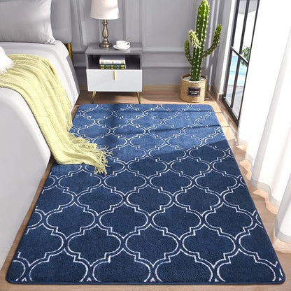 Chicrug Shag Geometric Modern Area Rug for Bedroom, 3x5 Feet Memory Foam Indoor Carpet, Fluffy Rug for Living Room Bedside Room Decor for Family Girls Kids Nursery Play Mat, Navy/White - LeafyLoom