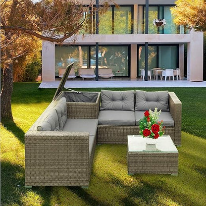 Patio Furniture Set, 4 Pieces PE Wicker Rattan Outdoor Conversation Sectional Sofa with Tempered Glass Table and Storage Box, for Backyard Lawn Garden Lown Porch, E-Grey - LeafyLoom