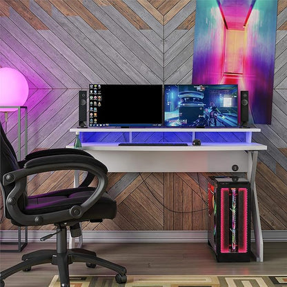 Xtreme Riser, Ergonomic, Home Office, Work Table, Computer, Gaming Room Desk, Monitor Stand, Cup Holder, Headphone Hook, White - LeafyLoom