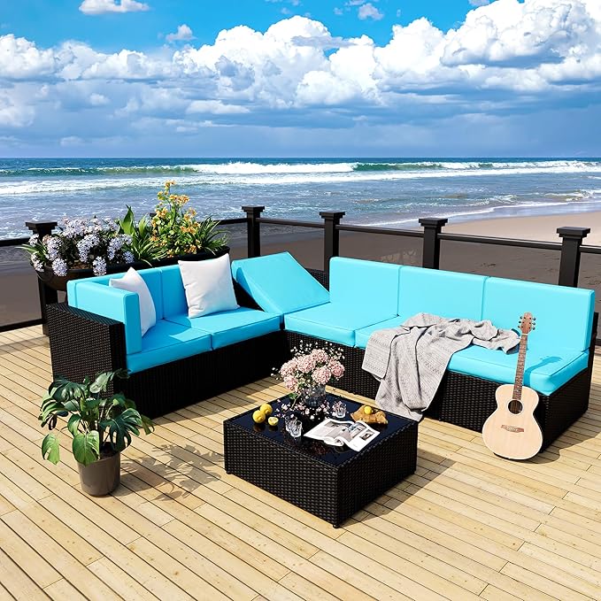 Pamapic Patio Furniture Set, 7 Pieces Modular Outdoor Sectional, Patio Sectional Sofa Conversation Set, Rattan Sofa with Coffee Table and Washable Cushions Covers, Black Rattan and Blue Cushions - LeafyLoom