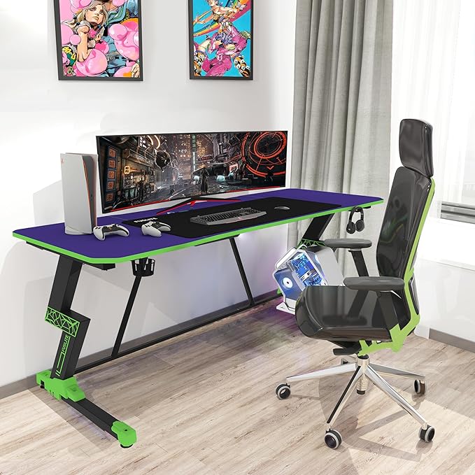 63 Inch Gaming Desk, with Carbon Fiber Surface, Lightning-Shaped PC Computer Table, with Headphone Holder, Cup Holder, Cable Management Box, Gaming Table for Gamer, Purple&Green - LeafyLoom