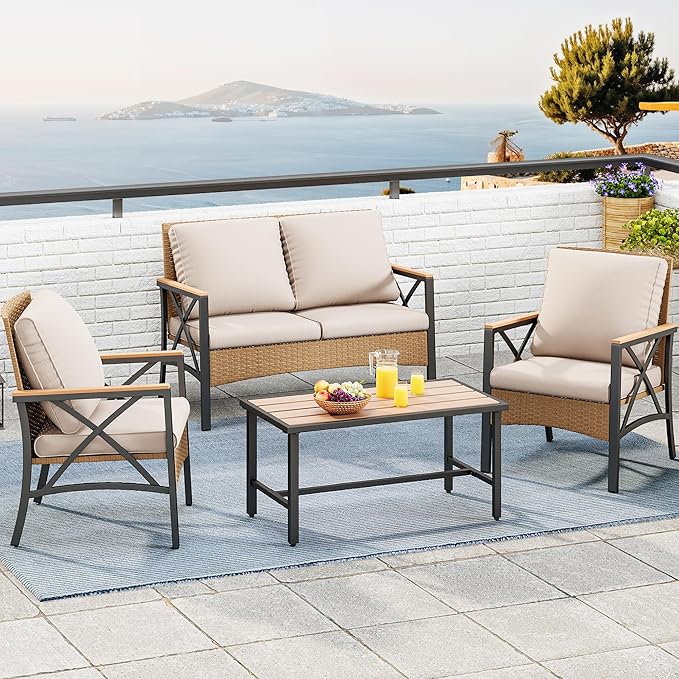 YITAHOME 4-Piece Patio Wicker Furniture Set with Wood Armrest, All Weather Rattan Conversation Furniture Sets for Backyard, Balcony, Deck w/Soft Cushions and Plastic Wood Table (Light Brown+Beige) - LeafyLoom