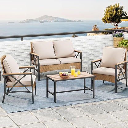 YITAHOME 4-Piece Patio Wicker Furniture Set with Wood Armrest, All Weather Rattan Conversation Furniture Sets for Backyard, Balcony, Deck w/Soft Cushions and Plastic Wood Table (Light Brown+Beige) - LeafyLoom