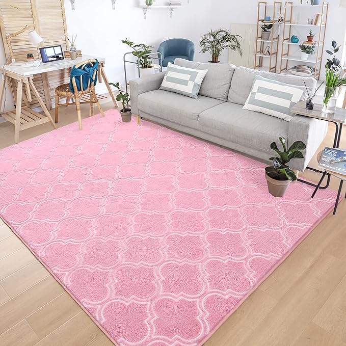 Chicrug Shag Geometric Modern Area Rug for Bedroom, 5x7 Feet Memory Foam Indoor Carpet, Fluffy Rug for Living Room Bedside Room Decor for Family Girls Kids Nursery Play Mat, Pink/White - LeafyLoom