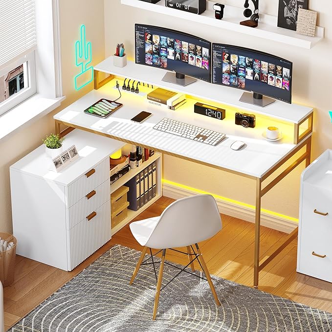 YITAHOME L Shaped Desk with Drawers, 55" Corner Computer Desk with Power Outlets & LED Lights, Large L-Shaped Office Desk with File Cabinet, White & Gold - LeafyLoom