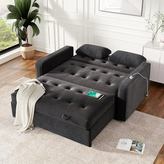 3 in 1 Multi-Functional Pull Out Sofa Bed , Velvet Upholstered Convertible Sleeper Loveseat Couch Guest Daybed with Adjustable Backrest and Dual USB Charging Port for Living Room Office RV Furniture - LeafyLoom