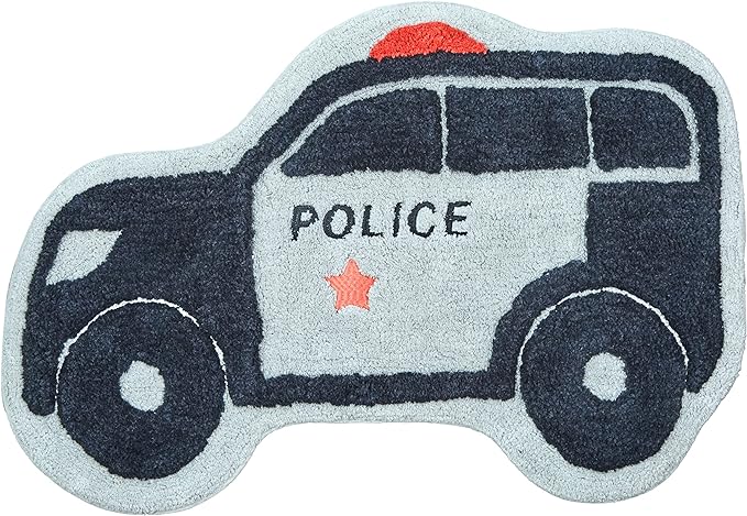 Hand Tufted Police Car Bedroom or Bathroom Rug - 30x20 in; 100% Cotton Kids Bathroom Mat; Decorative Kids Area Rug - LeafyLoom