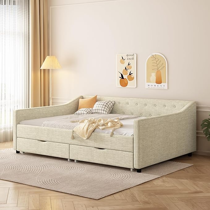 Full Size Daybed with Drawers, Linen Upholstered Tufted Sofa Bed Frame with Button on Back, Waved Shape Arms, Wooden Slats Support, Space-Saving for Apartment,Bedroom - LeafyLoom