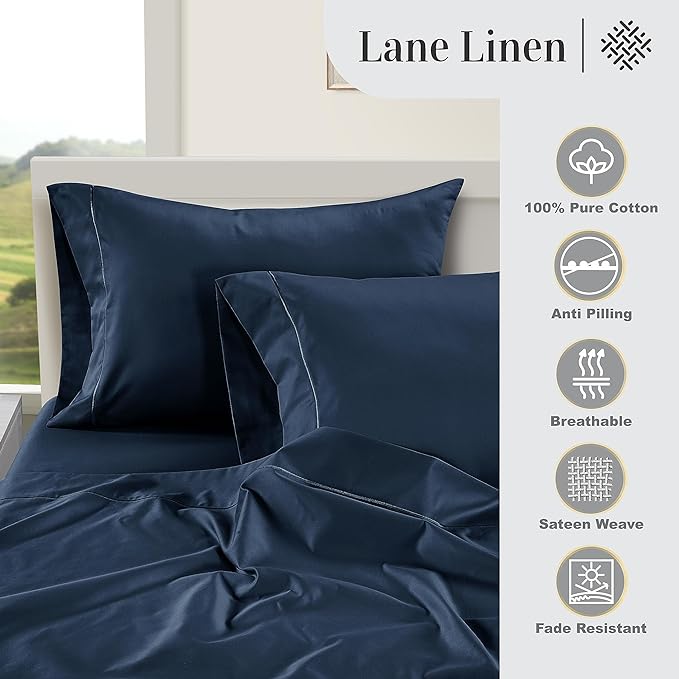 LANE LINEN 100% Egyptian Cotton Bed Sheets - 1000 Thread Count 4-Piece King Sheets Set, Long Staple Cotton Bedding Sheets, Sateen Weave, Luxury Hotel Sheets, Fits Upto 16" Mattress - Estate Blue - LeafyLoom