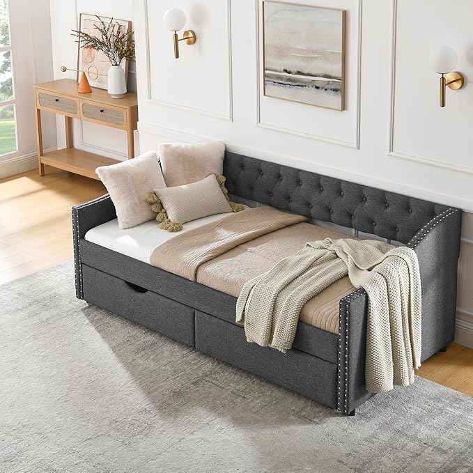 RITSU Twin Size Mid-Century Daybed, 2 Storage Drawers,Linen Button Upholstered Tufted Sofa Bed, Copper Nail on Waved Shape Arms, No Box Spring Needed,for Bedroom, Livingroom, Dark Grey, 81.50 - LeafyLoom